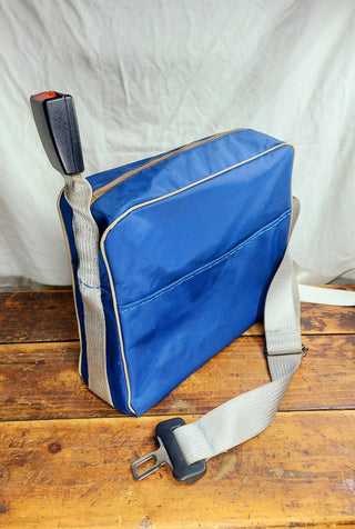 Vintage travel bag tote with recycled GM seatbelt and buckle adjustable crossbody shoulder strap (As-Is) one of a kind