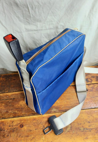 Vintage travel bag tote with recycled GM seatbelt and buckle adjustable crossbody shoulder strap (As-Is) one of a kind