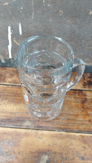 1970-80s Aktien Bier Kaufbeuren 1 Liter Dimpled German Beer Stein - Maß (1 liter) traditional Masskrug style mug - festival breweriana. Gold red white yellow black logo