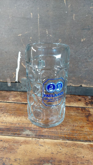 1970s Paulaner München 1 Liter Dimpled German Beer Stein - Maß (1 liter) traditional Masskrug style mug - festival breweriana. Blue And white logo.
