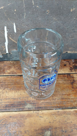 1970s Paulaner München 1 Liter Dimpled German Beer Stein - Maß (1 liter) traditional Masskrug style mug - festival breweriana. Blue And white logo.