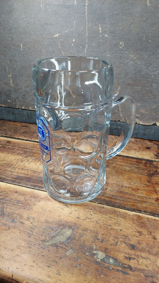 1970s Paulaner München 1 Liter Dimpled German Beer Stein - Maß (1 liter) traditional Masskrug style mug - festival breweriana. Blue And white logo.