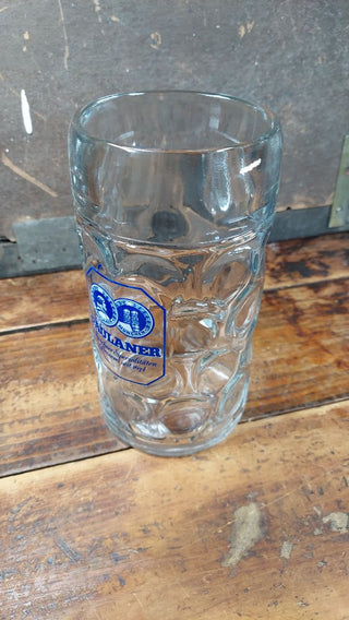 1970s Paulaner München 1 Liter Dimpled German Beer Stein - Maß (1 liter) traditional Masskrug style mug - festival breweriana. Blue And white logo.