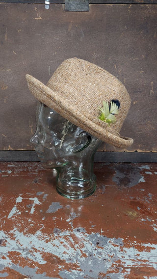 1970s Brown Cream Tweed Wool with decorative Feathers Trilby Fedora Hat by J.A. Miller Co. Made UNION USA, 2" brim (As-Is) with drop-down ear flap