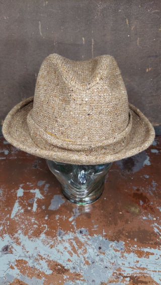 1970s Brown Cream Tweed Wool with decorative Feathers Trilby Fedora Hat by J.A. Miller Co. Made UNION USA, 2" brim (As-Is) with drop-down ear flap