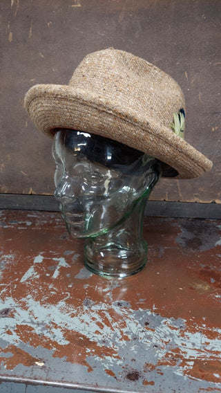 1970s Brown Cream Tweed Wool with decorative Feathers Trilby Fedora Hat by J.A. Miller Co. Made UNION USA, 2" brim (As-Is) with drop-down ear flap