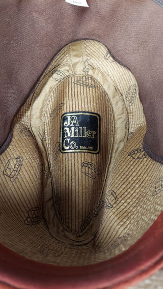 1970s Brown Cream Tweed Wool with decorative Feathers Trilby Fedora Hat by J.A. Miller Co. Made UNION USA, 2" brim (As-Is) with drop-down ear flap