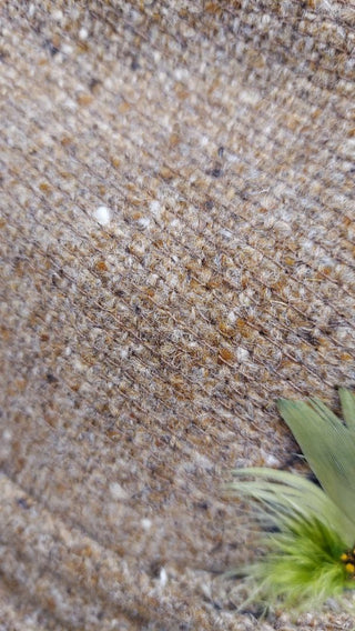 1970s Brown Cream Tweed Wool with decorative Feathers Trilby Fedora Hat by J.A. Miller Co. Made UNION USA, 2" brim (As-Is) with drop-down ear flap