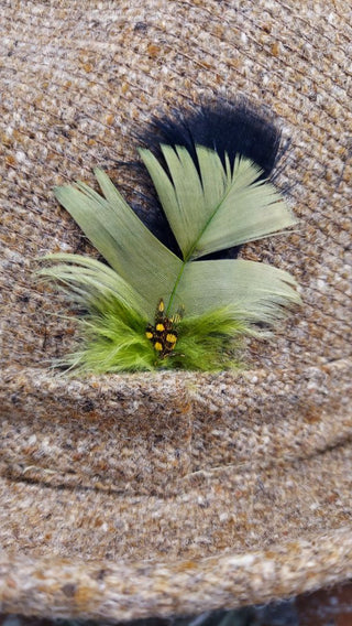 1970s Brown Cream Tweed Wool with decorative Feathers Trilby Fedora Hat by J.A. Miller Co. Made UNION USA, 2" brim (As-Is) with drop-down ear flap