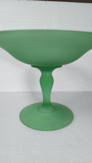 1930s Art Deco Green satin uranium glass footed compote by Tiffin (As-Is)