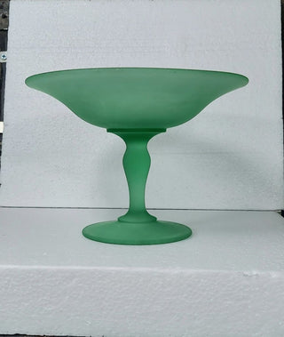 1930s Art Deco Green satin uranium glass footed compote by Tiffin (As-Is)