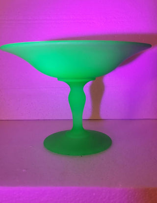 1930s Art Deco Green satin uranium glass footed compote by Tiffin (As-Is)