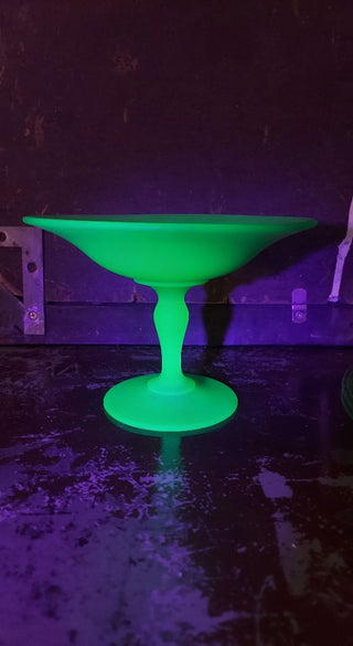 1930s Art Deco Green satin uranium glass footed compote by Tiffin (As-Is)