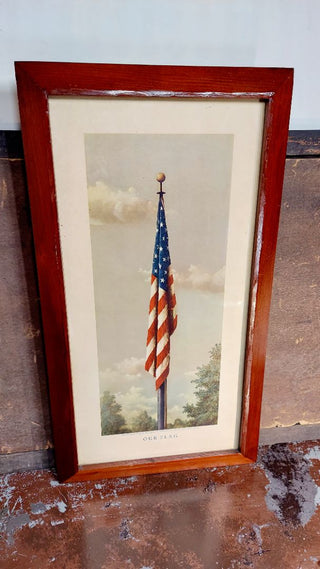 "Our Flag” by Fred Tripp, 1940s framed original lithograph art print by McCleary Hospital in Excelsior Springs, Missouri with story.