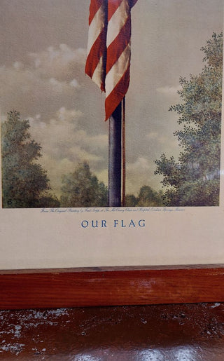 "Our Flag” by Fred Tripp, 1940s framed original lithograph art print by McCleary Hospital in Excelsior Springs, Missouri with story.