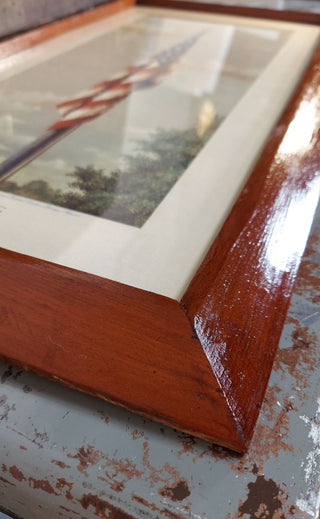 "Our Flag” by Fred Tripp, 1940s framed original lithograph art print by McCleary Hospital in Excelsior Springs, Missouri with story.