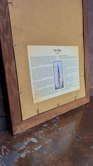 "Our Flag” by Fred Tripp, 1940s framed original lithograph art print by McCleary Hospital in Excelsior Springs, Missouri with story.