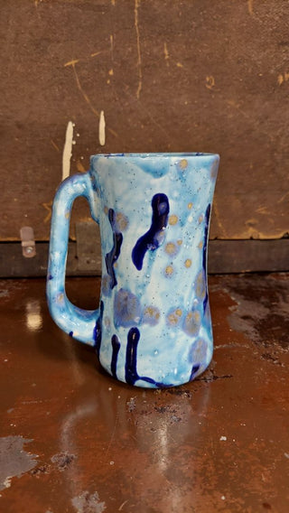 Studio Art Artisan Handled Mug, featuring speckled and drip glaze, blues and white ceramic piece (As-Is)gold