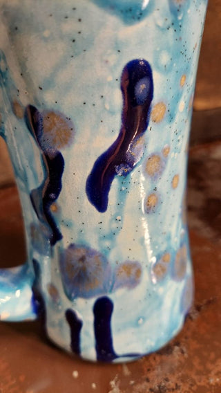 Studio Art Artisan Handled Mug, featuring speckled and drip glaze, blues and white ceramic piece (As-Is)gold