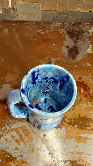 Studio Art Artisan Handled Mug, featuring speckled and drip glaze, blues and white ceramic piece (As-Is)gold