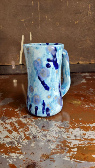 Studio Art Artisan Handled Mug, featuring speckled and drip glaze, blues and white ceramic piece (As-Is)gold