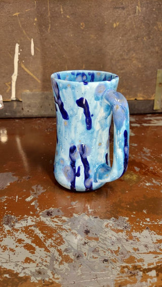 Studio Art Artisan Handled Mug, featuring speckled and drip glaze, blues and white ceramic piece (As-Is)gold
