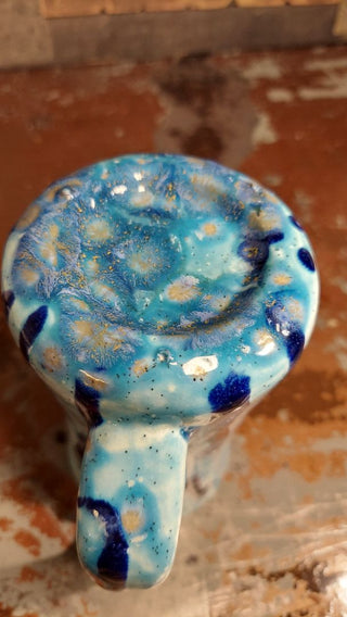 Studio Art Artisan Handled Mug, featuring speckled and drip glaze, blues and white ceramic piece (As-Is)gold