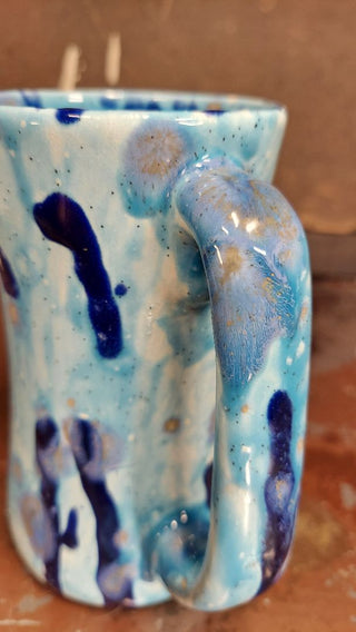 Studio Art Artisan Handled Mug, featuring speckled and drip glaze, blues and white ceramic piece (As-Is)gold