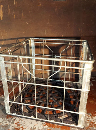 1989 Borden Milwaukee - Dairy Milk Crate - metal with plastic bottom, industrial farmhouse rustic storage shelf