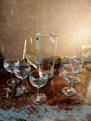 (7pc) 1960s Hand Blown Crystal Cocktail Serving Set Monterrey collection by Riekes-Crisa - 6 Coupes & One Handled Shaker Pitcher