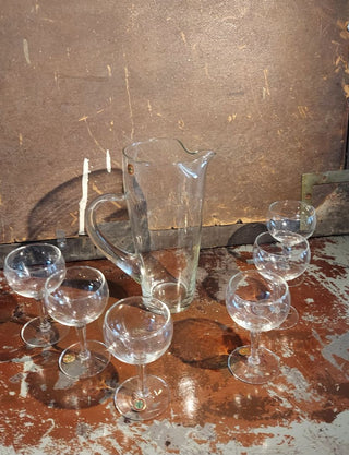 (7pc) 1960s Hand Blown Crystal Cocktail Serving Set Monterrey collection by Riekes-Crisa - 6 Coupes & One Handled Shaker Pitcher
