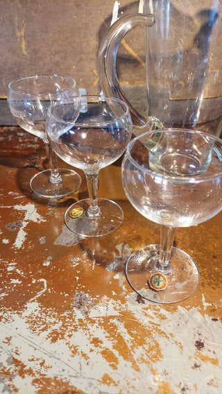 (7pc) 1960s Hand Blown Crystal Cocktail Serving Set Monterrey collection by Riekes-Crisa - 6 Coupes & One Handled Shaker Pitcher