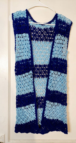 1970s Hand Crocheted Blue two-tone stripped open front vest - one size