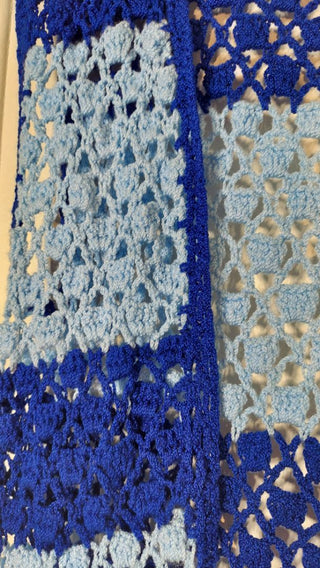 1970s Hand Crocheted Blue two-tone stripped open front vest - one size