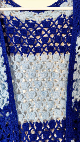 1970s Hand Crocheted Blue two-tone stripped open front vest - one size