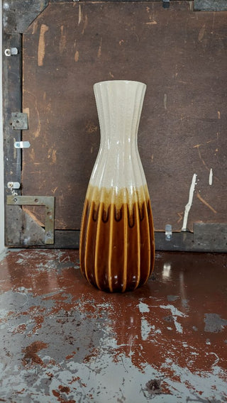 Midcentury Cream Brown Drip Glazed Ribbed Earthy Studio Pottery Vase