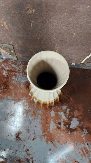 Midcentury Cream Brown Drip Glazed Ribbed Earthy Studio Pottery Vase