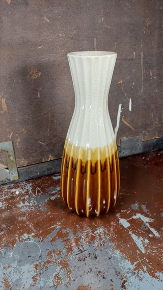 Midcentury Cream Brown Drip Glazed Ribbed Earthy Studio Pottery Vase
