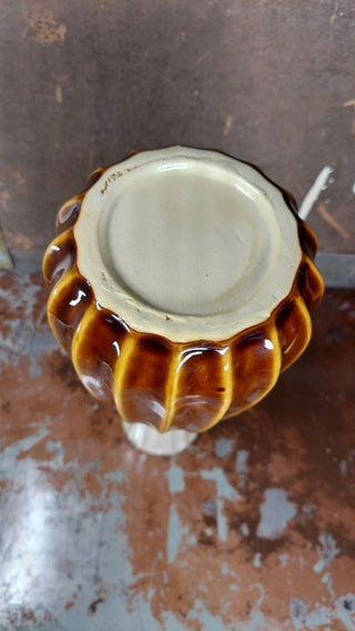 Midcentury Cream Brown Drip Glazed Ribbed Earthy Studio Pottery Vase