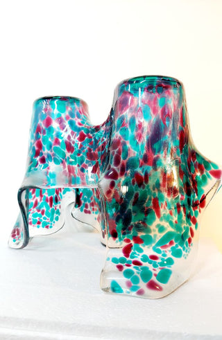 Abstract hand-blown studio art glass Merlot and Sea Green Confetti Sculpture Double Vase - versatile art piece - As-Is