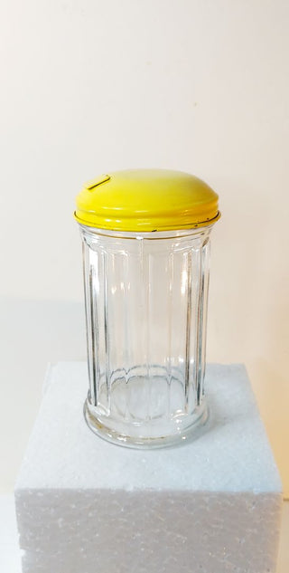 1960s Ribbed Clear Glass Sugar Creamer Dispenser w/ yellow lid - Diner Style Kitsch by GEMCO Made in USA