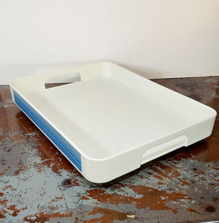 1980s Mod Blue Striped Handled Serving Tray by Phoenix made in Taiwan, plasticware
