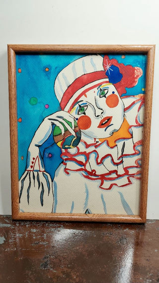 Red & White Pierrot Clown - Original Impressionist watercolor painting - framed - unsigned