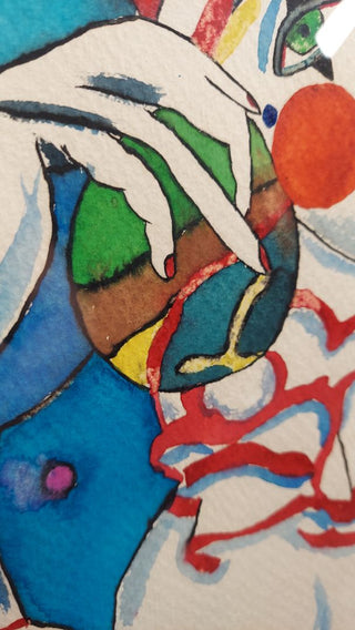 Red & White Pierrot Clown - Original Impressionist watercolor painting - framed - unsigned