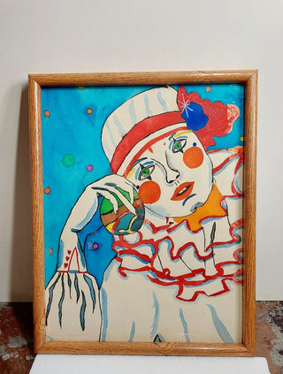 Red & White Pierrot Clown - Original Impressionist watercolor painting - framed - unsigned