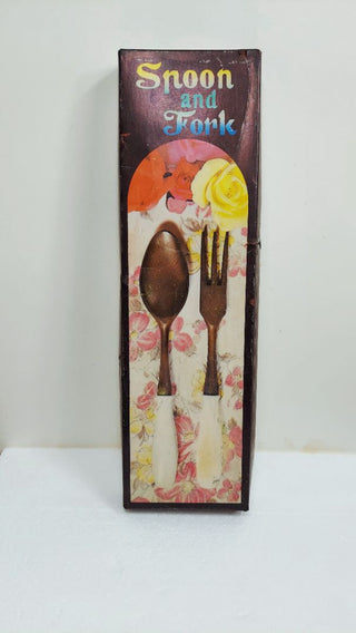 Midcentury Fork & Spoon Serving Set California Design on Hakusan Porcelain Handle with Plastic Faux Wood Utensil end (NOS As-Is)