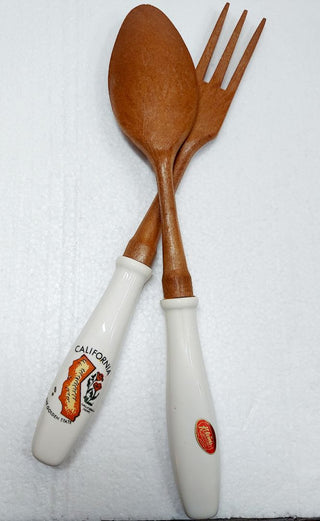 Midcentury Fork & Spoon Serving Set California Design on Hakusan Porcelain Handle with Plastic Faux Wood Utensil end (NOS As-Is)
