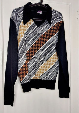 1970s Color Blocking Striped Geometric Design Knit Dagger Collar Pullover Sweater - Dimension by Milford