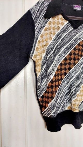 1970s Color Blocking Striped Geometric Design Knit Dagger Collar Pullover Sweater - Dimension by Milford