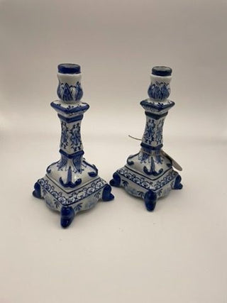 Blue and White Candlestick Holders Set of 2